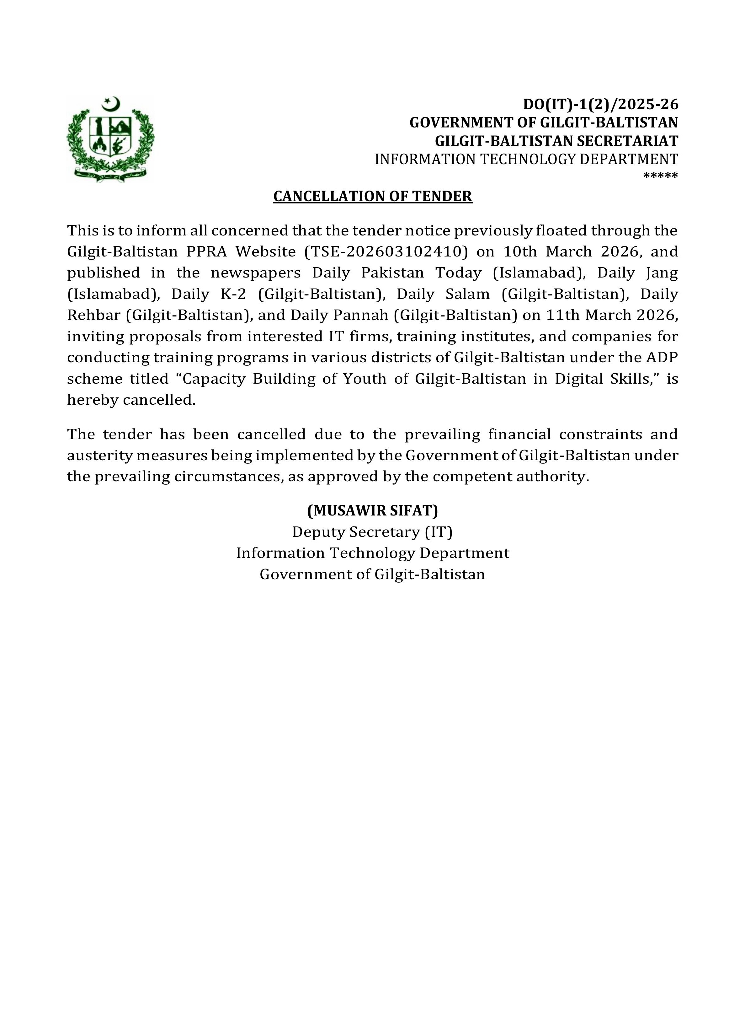 Cancellation of Tender Notice for the Capacity Building of Youth in Digital Skills in Gilgit-Baltistan